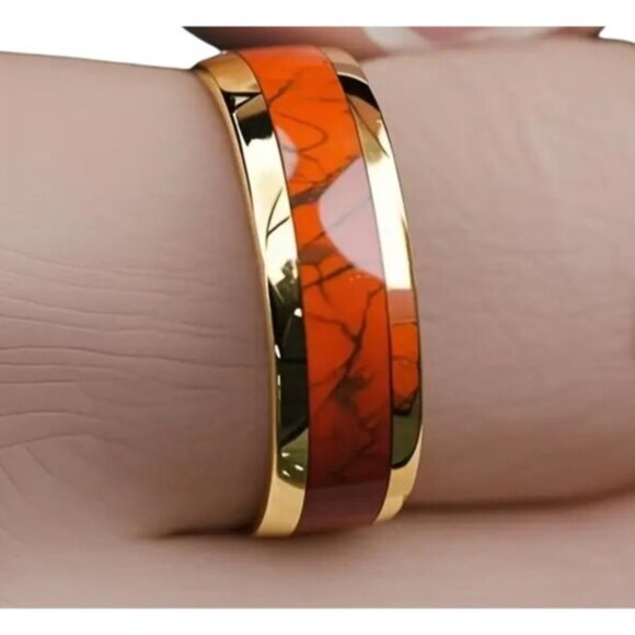 Tungsten Steel Men's Fashion Ring High Polished Orange Marble & gold plated rims - Picture 4 of 5